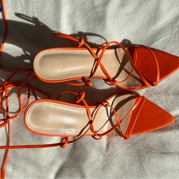 Bright Orange Lace-Up Strappy Women's Heels Pointy Toe - Picture 7 of 9